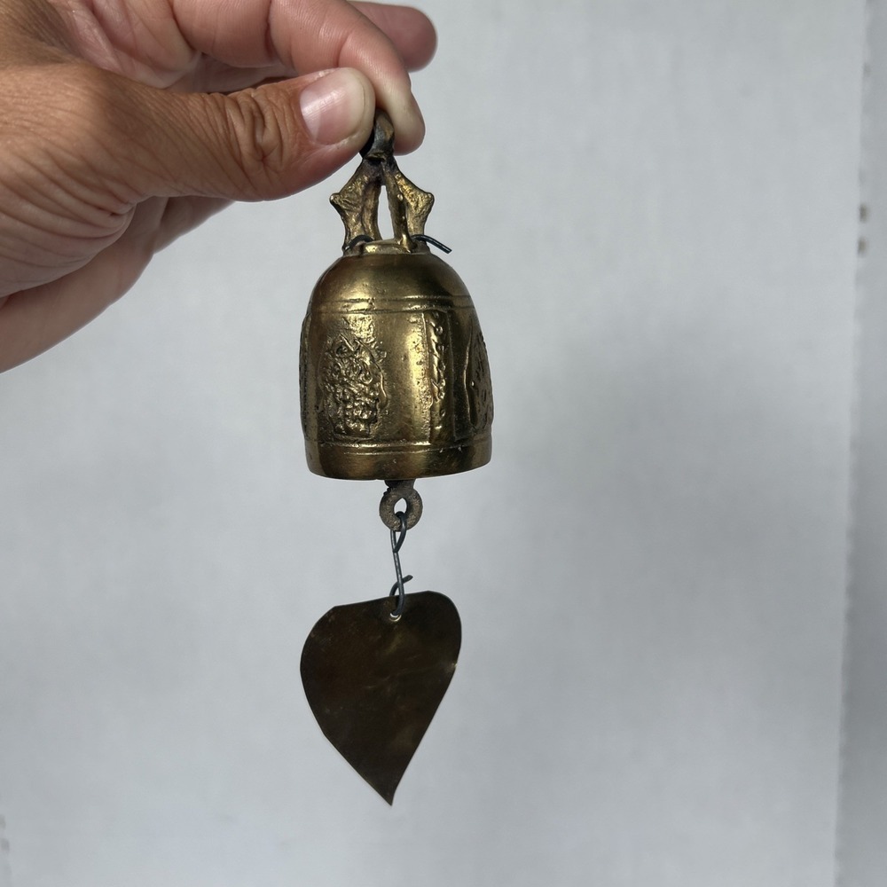 Vintage Thai Brass Temple Bell Buddha Motif Bodhi Leaf Wind Chime Hanging Art